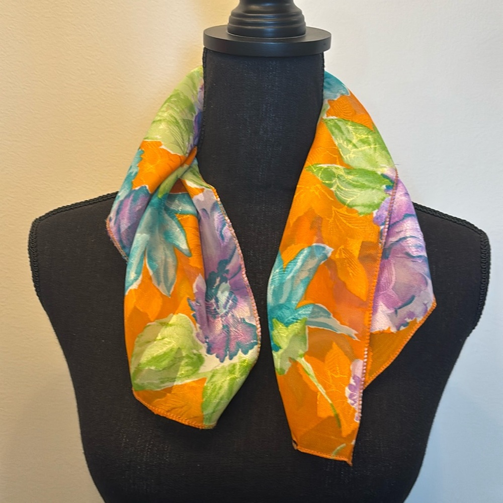 Women’s Decorative Scarf in Orange with Blue and Purple Flowers Approx 20”x20”‎